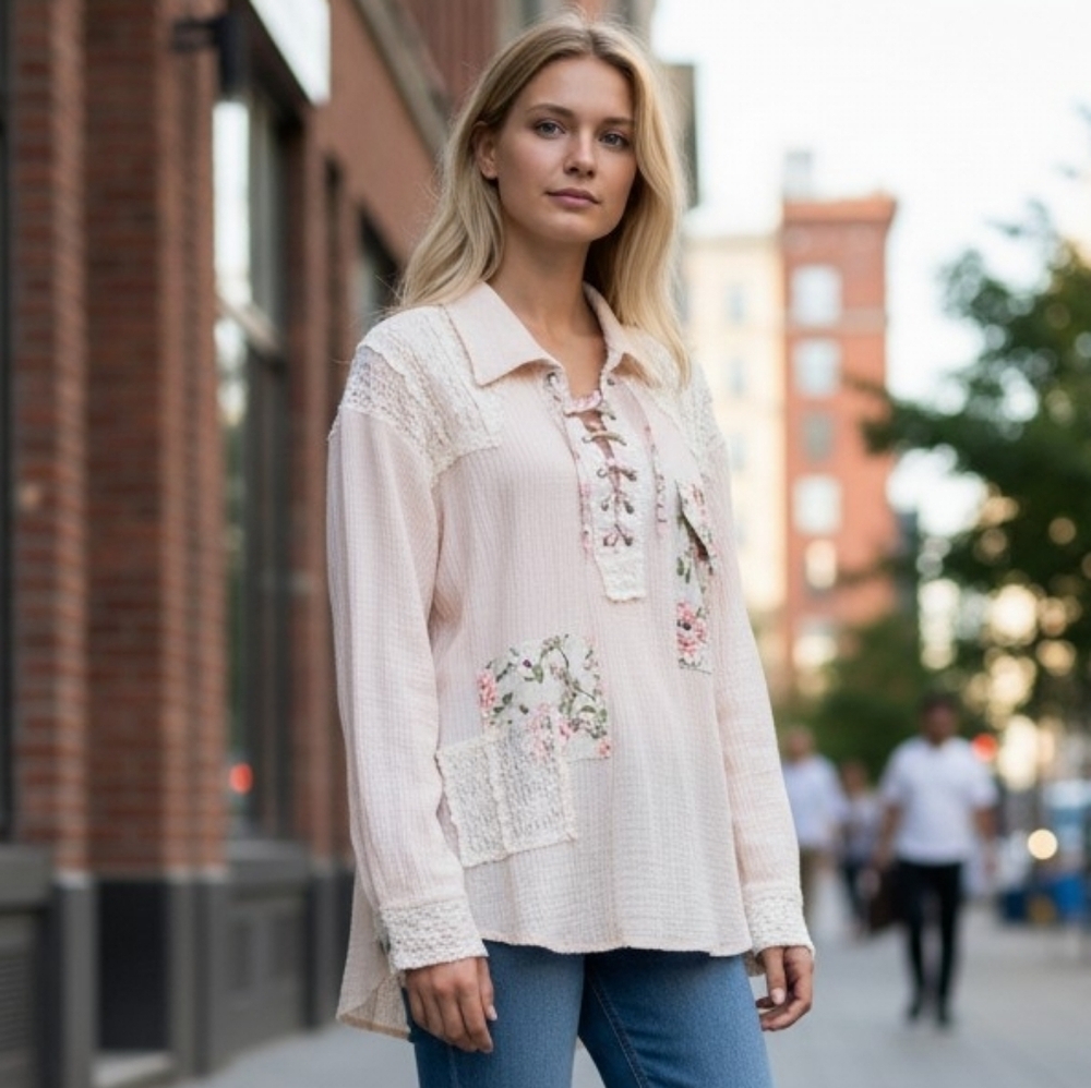 POL Gauze Cotton Lace-up Cottagecore Blouse Small Pink Floral Patchwork Lace